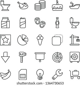 thin line vector icon set - repair key vector, incandescent lamp, downward direction, children's bathroom, shoes for little children, toilet, comfortable, strongbox, package, coins, copy, torte
