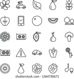 thin line vector icon set - warning vector, cabbage, peper, strawberries, pear, mint, squash, tasty apple, half of mango, water melon slice, kiwi, lemon, ripe guava, onion, broccoli, leaf, trees