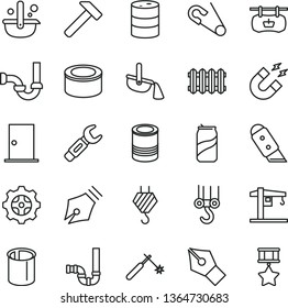 thin line vector icon set - open pin vector, crane, hook, winch, siphon, sewerage, ntrance door, knife, new radiator, hammer, canned goods, tin, soda can, barrel, gear, pipes, welding, metallurgy