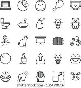 thin line vector icon set - laptop vector, baby bib, small teddy bear, child bicycle, wooden paint brush, sink, toilet, hedge, expand picture, move up, big burger, a bowl of buckwheat porridge, pear