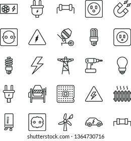 thin line vector icon set - lightning vector, danger of electricity, concrete mixer, cordless drill, bulb, power socket type b, f, electronic boiler, wind energy, pole, plug, electric, saving
