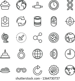 thin line vector icon set - sign of the planet vector, clock face, renewal, clockwise, loudspeaker, download archive data, roly poly doll, birthday cake, star gear, wall, left bottom arrow, earth