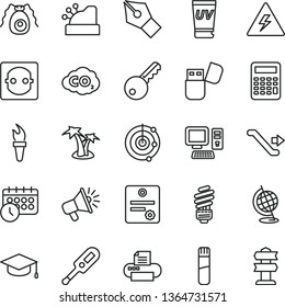 thin line vector icon set - danger of electricity vector, electronic thermometer e, saving light bulb, square academic hat, power socket, carbon dyoxide, loudspeaker, cashbox, computer, printer, key