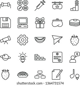 thin line vector icon set - truck lorry vector, floppy disk, brick wall, flowchart, notes, math actions, planet, apple pie, pancakes, blackberry, tasty raspberry, water melon slice, purse, gift