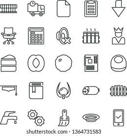 thin line vector icon set - downward direction vector, silent mode, book, baby bib, plastic brush, fence, radiator, faucet mixer, delivery, sausage, piece of cake, plate, cabbage, half peach, fan