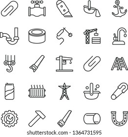 thin line vector icon set - clip vector, safety pin, crane, tower, winch hook, hand saw, arm, ladder, sewerage, gear, knife, kitchen faucet, hammer, anchor, canned goods, soda can, valve, power line
