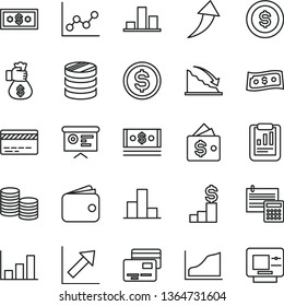 thin line vector icon set - bank card vector, bar chart, graph, growth, calculation, cards, coins, column of, recession, statistical report, dollar, wallet, cash, financial, money bag hand, arrow up