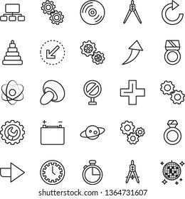 thin line vector icon set - prohibition vector, clock face, right direction, plus, clockwise, stacking toy, gear, left bottom arrow, timer, CD, porcini, accumulator, gears, Measuring compasses, atom