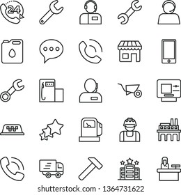thin line vector icon set - building trolley vector, hammer, speech, smartphone, 24, phone call, operator, gas station, modern, industrial enterprise, builder, canister of oil, repair key, kiosk