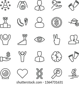 thin line vector icon set - women vector, footprints, children's tracks, garden trolley, employee, heart, eye, lens, woman, man, dollar, get a wage, dna, brain, bactery, artifical insimination