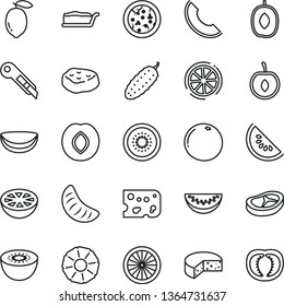 thin line vector icon set - stationery knife vector, piece of cheese, pizza, cake slice, bacon, meat, cucumber, plum, melon, water, delicious, tangerine, half cherry, lemon, kiwi, orange, coconut