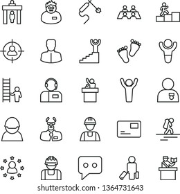 thin line vector icon set - footprints vector, builder, pass card, operator, racer, gas welding, woman, man in sight, think, conversation, scientist, winner, carrer stairway, hands up, with medal