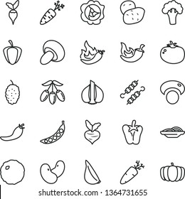thin line vector icon set - slices of onion vector, porcini, meat on skewers, cabbage, tomato, chili, peper, garlic, carrot, squash, mulberry, goji berry, ripe pepper, red, hot, potato, beet, peas