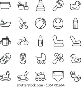 thin line vector icon set - mug for feeding vector, bottle, measuring, diaper, baby bib, beanbag, rattle, chair, car child seat, stroller, summer, rubber duck, duckling, bath ball, stacking rings