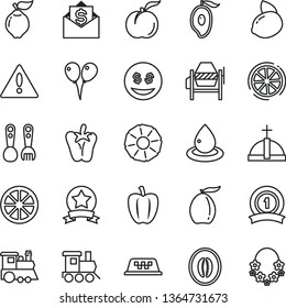 thin line vector icon set - warning vector, plastic fork spoons, baby toy train, children's, colored air balloons, concrete mixer, peper, ripe peach, quince, half of mango, loquat, melon, juicy