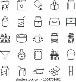 thin line vector icon set - storage unit vector, mug for feeding, powder, baby, e, packing of juice with a straw, bucket, drawer, package, unpacking, canned goods, tin, popcorn, cup, coffe to go