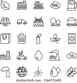 thin line vector icon set - drop vector, bag with handles, apple stub, solar panel, leaves, leaf, gas station, manufacture, factory, oil, hydroelectric, hydroelectricity, trees, thermal power plant