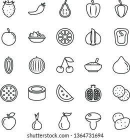 thin line vector icon set - canned goods vector, mushroom, a bowl of rice porridge, plate fruit, orange slice, biscuit, sandwich, cherry, half pomegranate, red apple, fig, tasty raspberry, plum