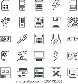 thin line vector icon set - lightning vector, floppy disk, monitor, calculator, electronic thermometer e, cards, math actions, processor, assembly robot, SIM card, engineer, pc power supply, tower