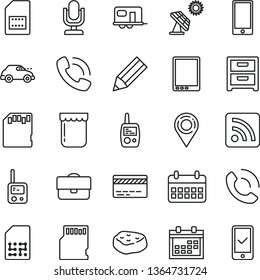 thin line vector icon set - desktop microphone vector, calendar, bank card, rss feed, toy phone, mobile, smartphone, nightstand, call, piece of meat, jam, big solar panel, retro car, SIM, location