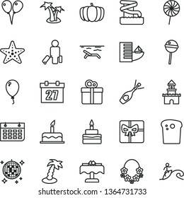 thin line vector icon set - daily calendar vector, colored air balloons, balloon, cake, gift, Easter, birthday, Chupa Chups, lollipop, pumpkin, wall, giftbox, sand castle, champagne, passenger