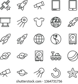 thin line vector icon set - counterclockwise vector, t short, bath ball, earth, artificial satellite, planet, billboard, rocket, space, tablet pc, hdd, telescope, saturn, lunar rover, first