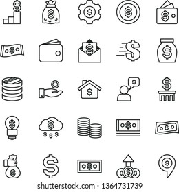 thin line vector icon set - dollar vector, coins, column of, denomination the, catch a coin, wallet, money, dollars, cash, bag hand, rain, mortgage, pedestal, gear, idea, growth, mail, dialog, pin