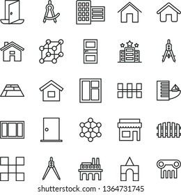 thin line vector icon set - house vector, box of bricks, dwelling, window, frame, ntrance door, interroom, city block, tile, ceramic tiles, fence, paving slab, home, industrial enterprise, 3d cube