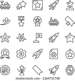 thin line vector icon set - add bookmark vector, star gear, rocket, lunar rover, bang, cup, reward, medal, flag, hero, ribbon, certificate, dollar, three stars, flying man, starfish, compass