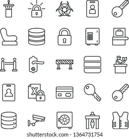 thin line vector icon set - Baby chair vector, key, door knob, road fence, lock, big data, strongbox, reverse side of a bank card, encrypting, biohazard, airport tower, rope barrier, identity, safe