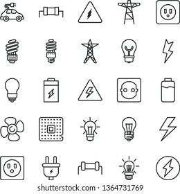 thin line vector icon set - lightning vector, danger of electricity, saving light bulb, power socket type b, fan screw, charge level, charging battery, line, pole, plug, energy, electric car