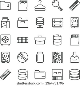 thin line vector icon set - folder vector, bookmark, chest of drawers, key, CD, big data, server, suitcase, put in a box, strongbox, package, hanger, barrel, jar, radiator fan, memory, hdd, usb