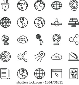 thin line vector icon set - sign of the planet vector, globe, earth, solar panel, plug, CO2, carbon dyoxide, connection, connections, recession, newspaper, network, browser, connect, man hold world