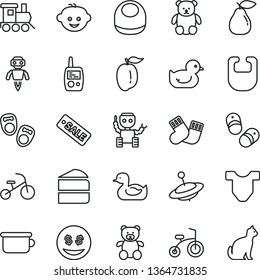thin line vector icon set - bib vector, baby, Child T shirt, rubber duck, duckling, warm socks, toy mobile phone, children's potty, teddy bear, small, hairdo, train, yule, bicycle, tricycle, pear