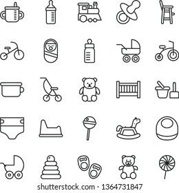 thin line vector icon set - baby cot vector, dummy, mug for feeding, bottle, measuring, diaper, bib, stroller, carriage, summer, stacking rings, roly poly doll, toy sand set, children's potty, chair
