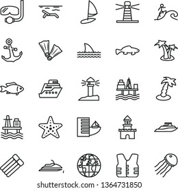 thin line vector icon set - anchor vector, small fish, sea port, commercial seaport, lighthouse, coastal, planet, sand castle, hotel, beach, palm tree, starfish, flippers, diving mask, surfing