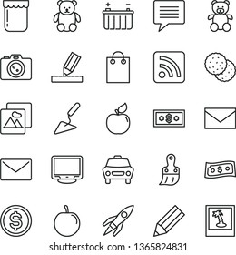 thin line vector icon set - image of thought vector, envelope, rss feed, teddy bear, small, building trowel, plastic brush, drawing, picture, car, jam, biscuit, apricot, tasty plum, battery, pencil