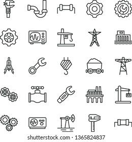 thin line vector icon set - hook vector, gears, cogwheel, sewerage, gear, working oil derrick, valve, hydroelectric station, power line, pole, industrial enterprise, tower crane, Construction, three