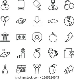 thin line vector icon set - mark of injury vector, baby powder, yule, colored air balloons, delete page, move down, small fish, branch grape, blueberry, blueberries, ripe plum, tasty, onion, saturn