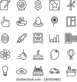 thin line vector icon set - cake vector, big core, window, city block, index finger, nightstand, notes, lens, lollipop, melon, coconut, marine propeller, wind energy, light bulb, industrial factory