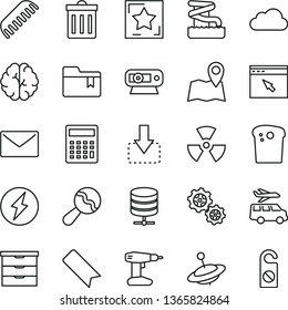 Thin Line Vector Icon Set - Bin Vector, Bookmark, Calculator, Folder, Storage Unit, Beanbag, Comb, Yule, Drill, Envelope, Big Data Server, Move Down, Easter Cake, Gears, Web Camera, Browser, Cloud