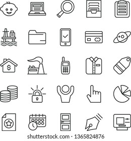 Thin Line Vector Icon Set - Laptop Vector, Folder, Archive, Children's Hairdo, Interroom Door, Index Finger, Folded Shirt, Coins, Label, Sea Port, Factory, Reverse Side Of A Bank Card, Pie Charts