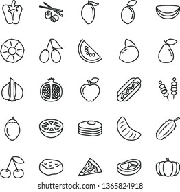 thin line vector icon set - fried vegetables on sticks vector, piece of pizza, Hot Dog, bacon, meat, peper, Chinese chopsticks, pancakes, cherry, half pomegranate, pear, red apple, cornels, mango