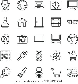 thin line vector icon set - laptop vector, monitor, camera, loudspeaker, chest of drawers, electronic thermometer e, hand saw, ntrance door, home, put in cart, planet, gear, processor, shopping, dna
