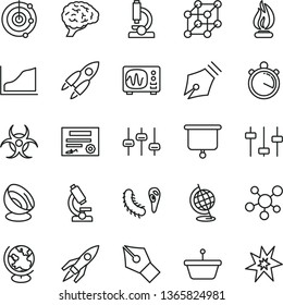 thin line vector icon set - pan vector, microscope, molecule, brain, settings, bactery, biohazard, globe, oscilloscope, flame, growth graph, radar, satellite antenna, rocket, presentation board