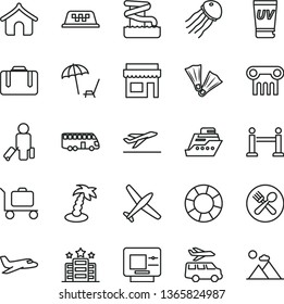thin line vector icon set - plane vector, bus, taxi, rope barrier, passenger, suitcase, departure, atm, boungalow, arnchair under umbrella, uv cream, palm tree, aquapark, cafe, flippers, baggage