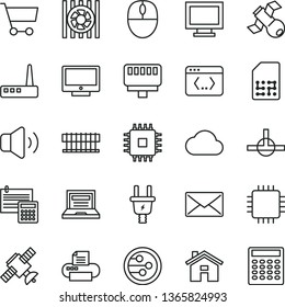 thin line vector icon set - house vector, laptop, monitor window, calculation, screen, volume, electric plug, SIM, cart, radiator fan, mouse, cpu, router, printer, network, connect, coding, mail