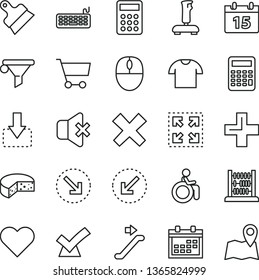 thin line vector icon set - calendar vector, plus, cross, abacus, putty knife, left bottom arrow, heart, no sound, T shirt, size, move down, right, cheese, cart, water filter, calculator, mouse, map