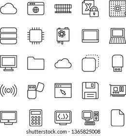 thin line vector icon set - monitor window vector, screen, copy, processor, calculator, computer, notebook pc, radiator fan, encrypting, power supply, cpu, card, usb flash, browser, folder, floppy