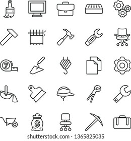 thin line vector icon set - repair key vector, monitor window, clean paper, hook, cogwheel, building trolley, trowel, adjustable wrench, long meashuring tape, wooden paint brush, helmet, brick